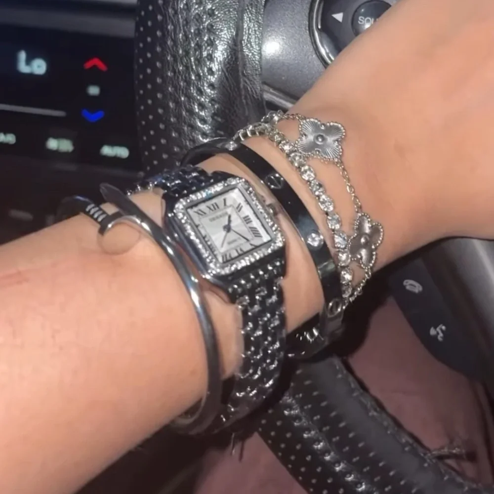 Women Silver tone Stainless steel Rhinestone Bezel Square Watch